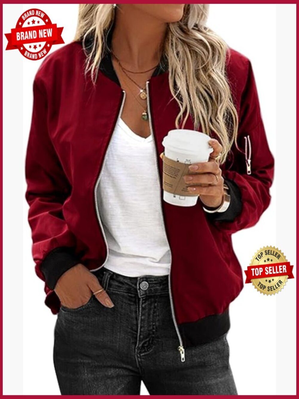 Womens Lightweight Bomber Jacket Zip Up Casual Coat Short Sleeveless